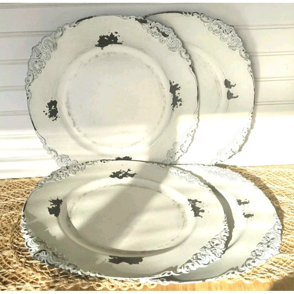 Peacock Park Design Farmhouse Chargers, Vintage White Chippy Shabby Chic, EUC
